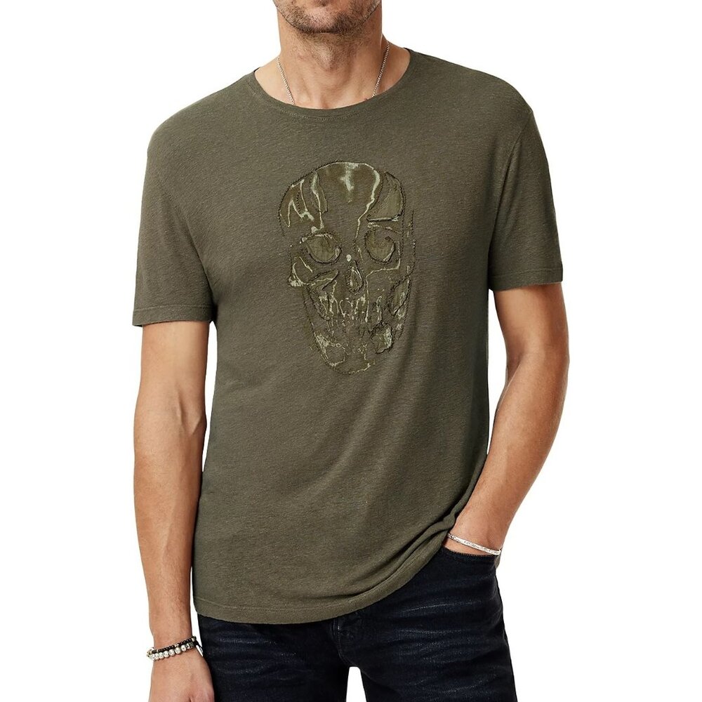 John Varvatos Men's Skull Chain Applique Crew T-Shirt Airy Linen Olive Leaf